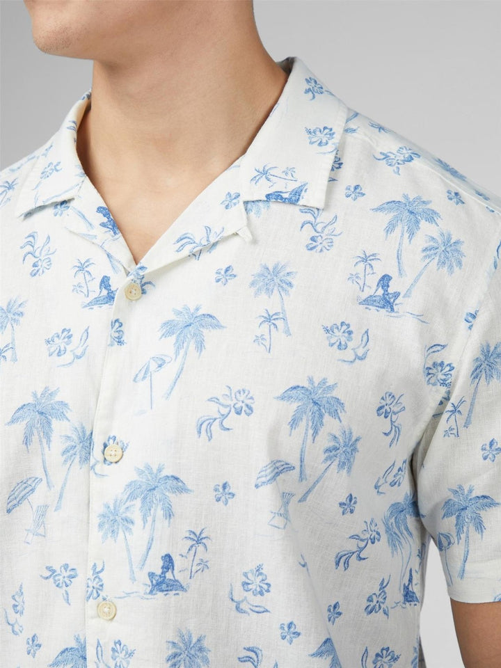 Translation missing: en.Ben Sherman Resort Tropical Print Linen &amp; Cotton Camp Shirt in Ivory Blue-Medium
