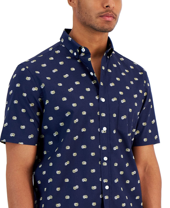 Translation missing: en.Club Room Men's Brother Reg-Fit Leaf-Print Cotton Button-Down Shirt Navy-Small