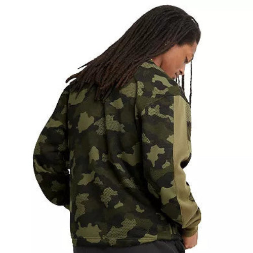 Translation missing: en.A person shown from the back wearing a camouflage jacket with olive green side panels, against a plain white background