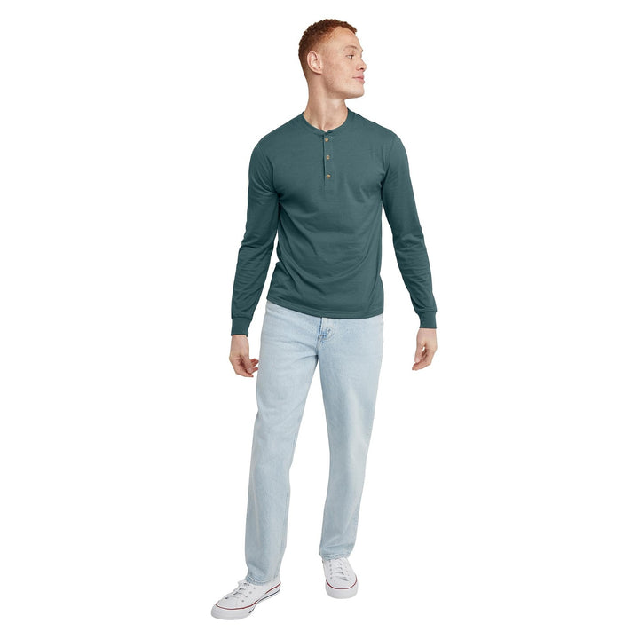 Translation missing: en.Hanes Originals Men's Cotton Long Sleeve Henley T-shirt Cactus Green-Small