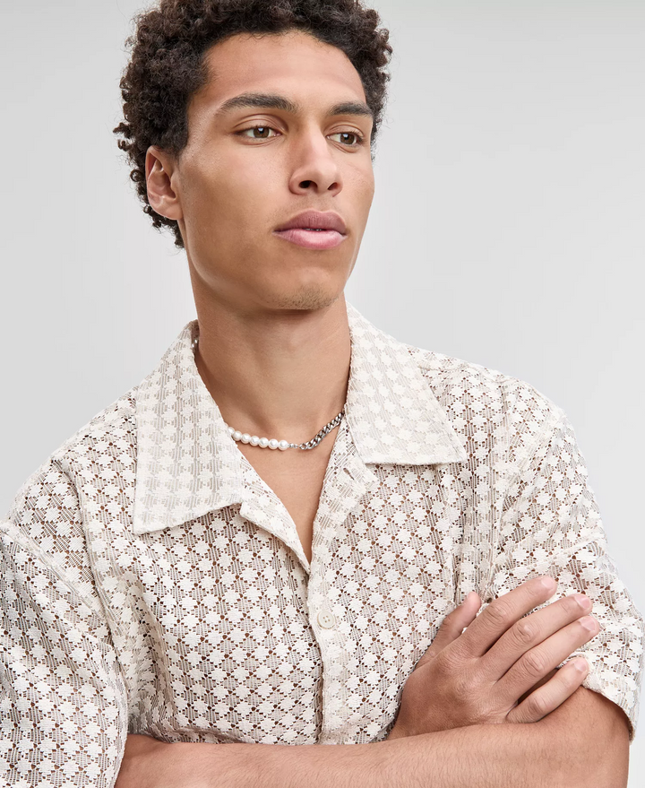 Translation missing: en.Mode of One Men's Relaxed-Fit Textured-Knit Bubble Lace Camp Shirt-Beige-Medium