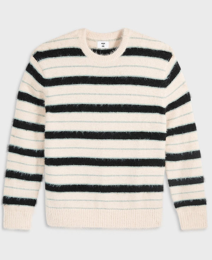 Translation missing: en.Mode of One Sweater Dark Ecru-Size XL Men's Long-Sleeve Eyelash Stripe Relax Fit
