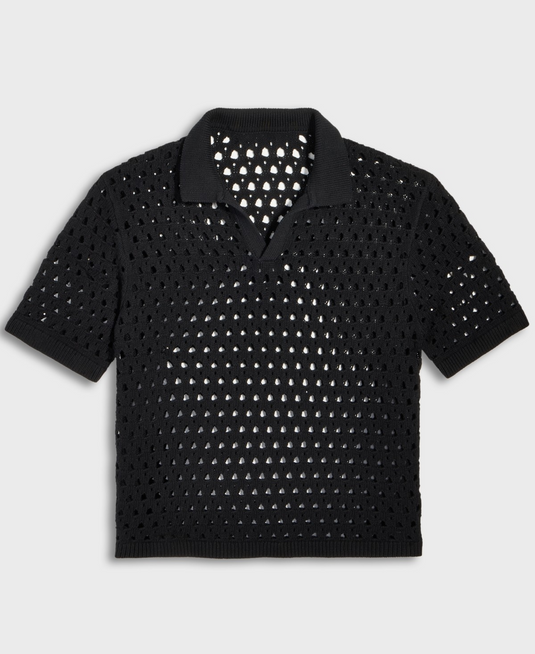 Translation missing: en.Mode of One Men's Johnny-Collar Open-Stitch Short-Sleeve Sweater Black-Medium