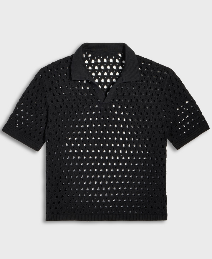 Translation missing: en.Mode of One Men's Johnny-Collar Open-Stitch Short-Sleeve Sweater Black-Medium