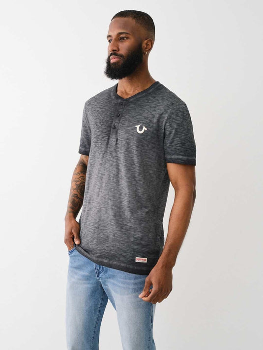 Translation missing: en.True Religion Henley Shirt Men's 2XL Jet Black Short Sleeve Dyed Embro Cotton