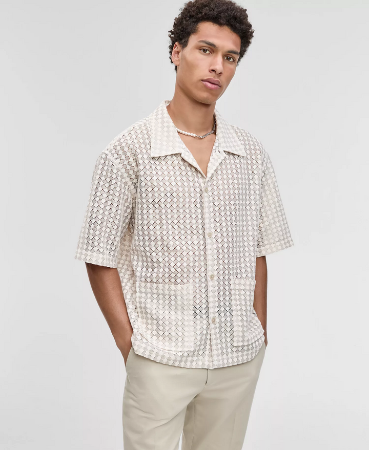 Translation missing: en.Mode of One Men's Relaxed-Fit Textured-Knit Bubble Lace Camp Shirt-Beige-Medium