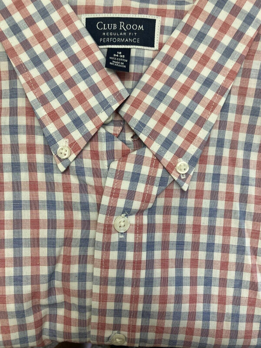 Translation missing: en.Club Room Men's Cotton Regular-Fit Gingham Check Dress Shirt Red/Navy 18 34/35