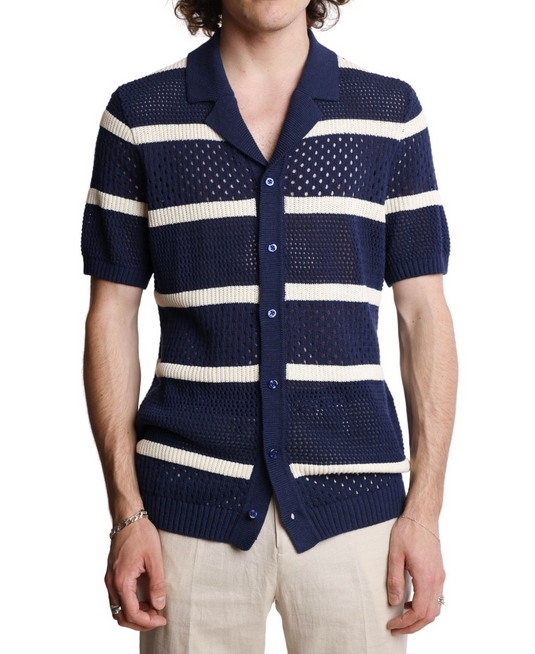 Translation missing: en.Paisley &amp; Gray Men's Short Sleeve Striped Crochet Cardigan Sweater Navy-2XL