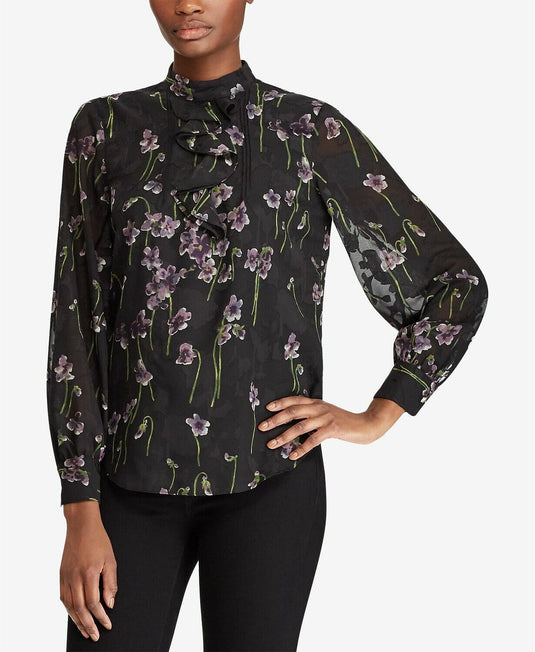 Translation missing: en.Lauren Ralph Lauren Ruffled Black Floral-Print Top Size 2 $135