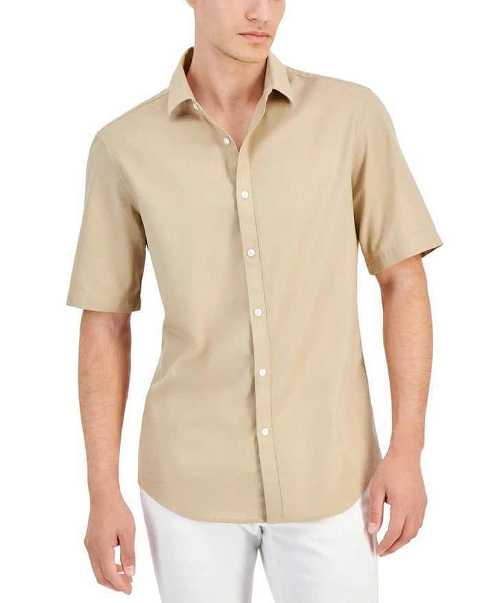 Translation missing: en.Alfani Men's Short-Sleeve Solid Textured Cotton Woven Shirt Twill Brown-Small