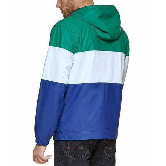 Translation missing: en.Club Room Men's Rubberized Lightweight Hooded Rain Jacket in Navy/Green/Ivory-L
