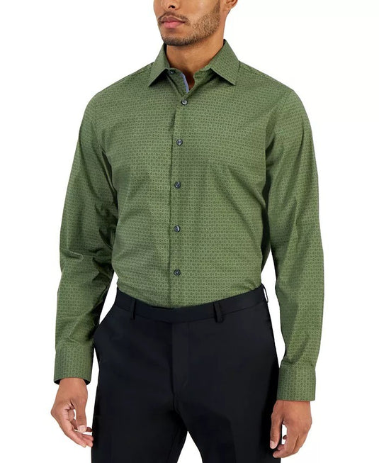 Translation missing: en.Bar III Dress Shirt Men's 14-14.5 32/33 Olive Green Slim-Fit Geo-Print Stretch