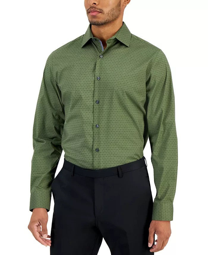 Translation missing: en.Bar III Dress Shirt Men's 14-14.5 32/33 Olive Green Slim-Fit Geo-Print Stretch