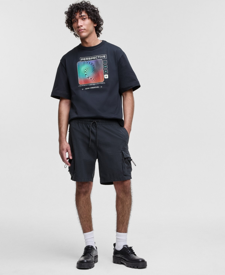 Translation missing: en.Mode of One Men's Relaxed-Fit Crinkled 7" Cargo Shorts Cotton Blend Black-2XL
