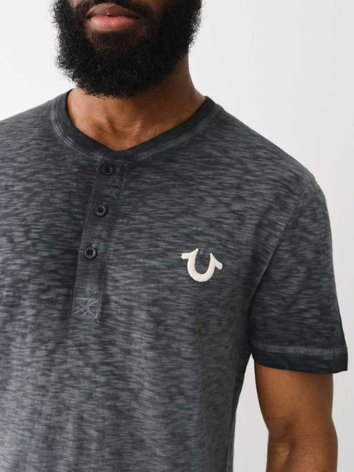 Translation missing: en.True Religion Henley Shirt Men's Small Jet Black Short Sleeve Dyed Embro Cotton