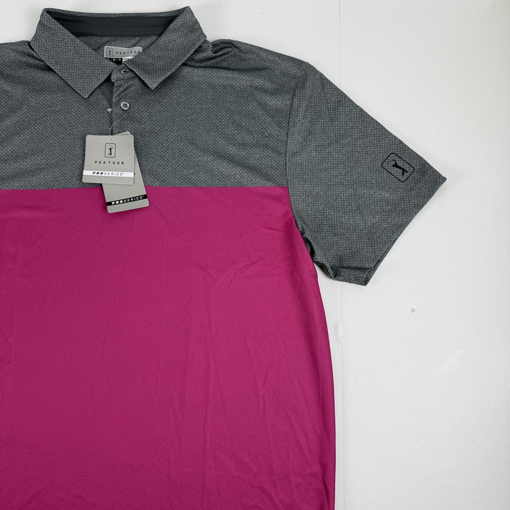 Translation missing: en.PGA TOUR Airflux Golf Polo Shirt Pink Gray Size Large Birdseye Block Print