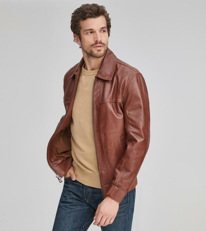 Translation missing: en.Andrew Marc Men's Vaughn Shirt Collar Leather Bomber Jacket in Cognac Brown-2XL