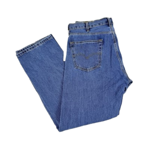 Translation missing: en.A pair of folded blue denim jeans shown from the back on a plain white background
