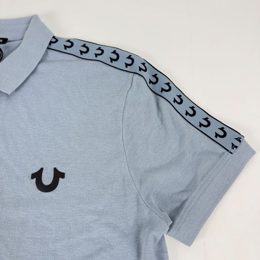 Translation missing: en.True Religion Polo Shirt Mens Small Sky Blue Logo Damask Cotton Blend Short Slve