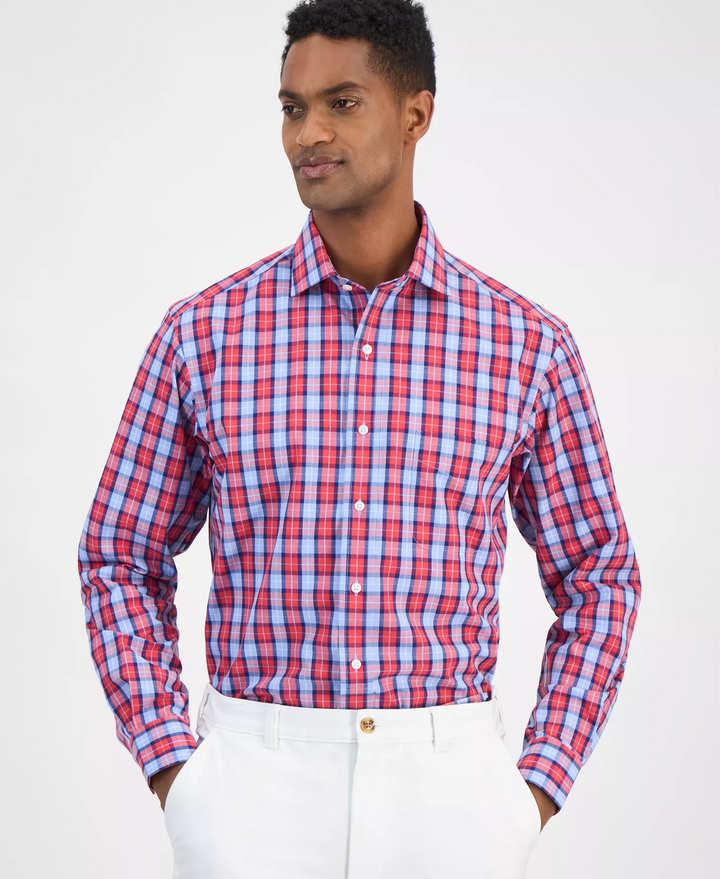 Translation missing: en.Club Room Men's Dress Shirt Size 18 36/37 Red Blue Plaid All Cotton Reg Fit