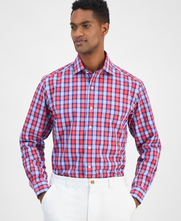 Translation missing: en.Club Room Men's Dress Shirt Size 18 36/37 Red Blue Plaid All Cotton Reg Fit