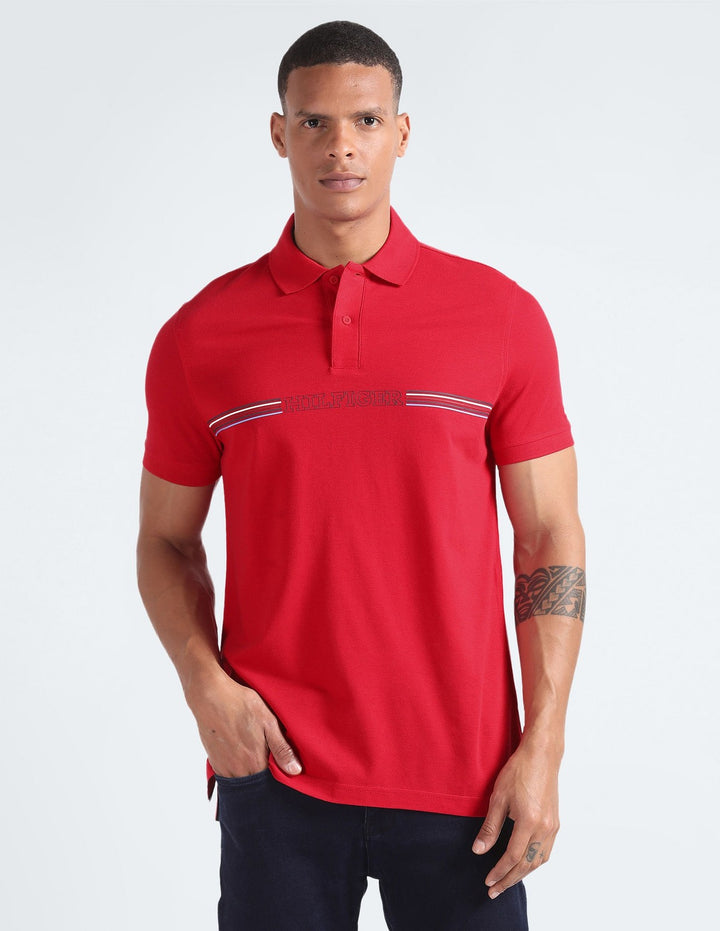 Translation missing: en.Tommy Hilfiger Men's Striped Chest Short Sleeve Polo Shirt - Primary Red-Small