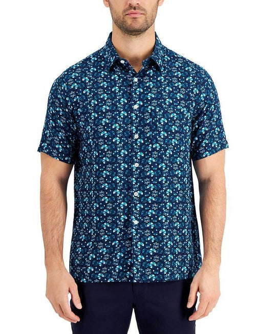 Translation missing: en.Tasso Elba Men's Silk Blend Cellula Tile Printed Shirt in Blue Combo-Small