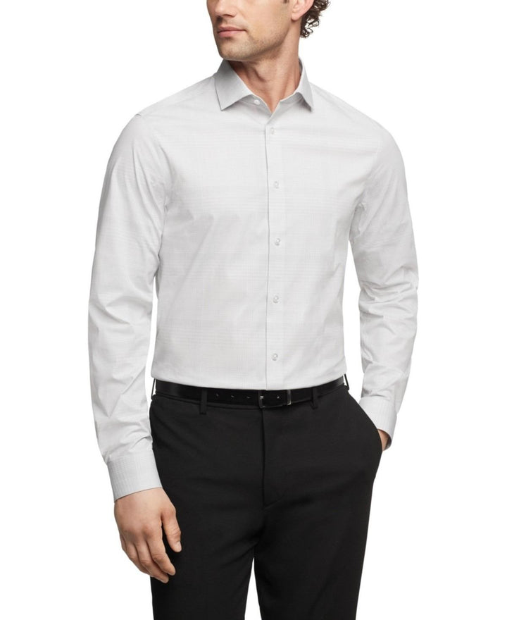 Translation missing: en.Calvin Klein Steel Plus, Men's Slim Fit Dress Shirt Plaid Grey-17.5 34/35