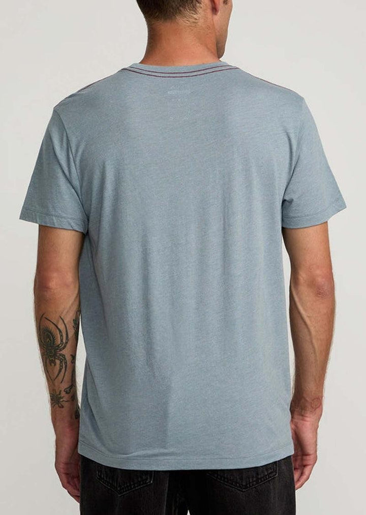 Translation missing: en.RVCA Men's Slim Fit Red Stitch Peak Graphic T-Shirt Flint Stone Blue-2XL