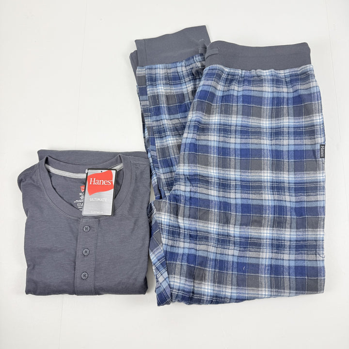 Translation missing: en.Hanes Men's 2-Pc. Henley Crew Top &amp; Ultra Soft Flannel Jogger Sleep Set Grey-XL