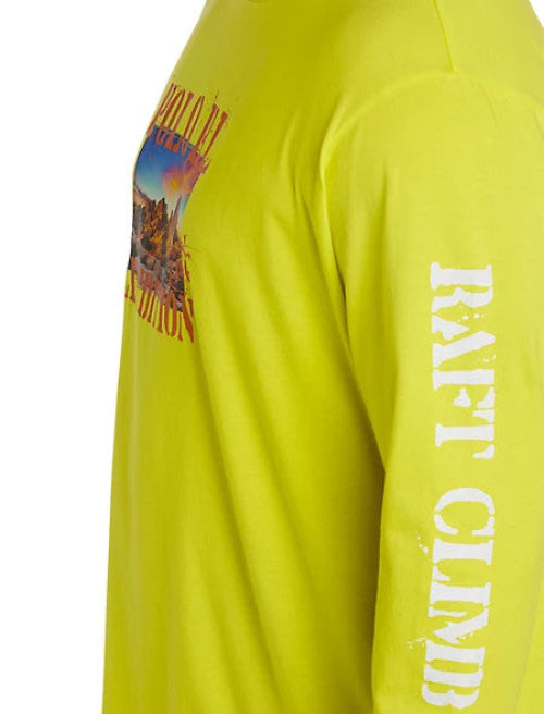 Translation missing: en.Close-up of a bright neon yellow long-sleeve shirt showing the back graphic and a white vertical 'RAFT CLIMB' logo on the sleeve, against a white background