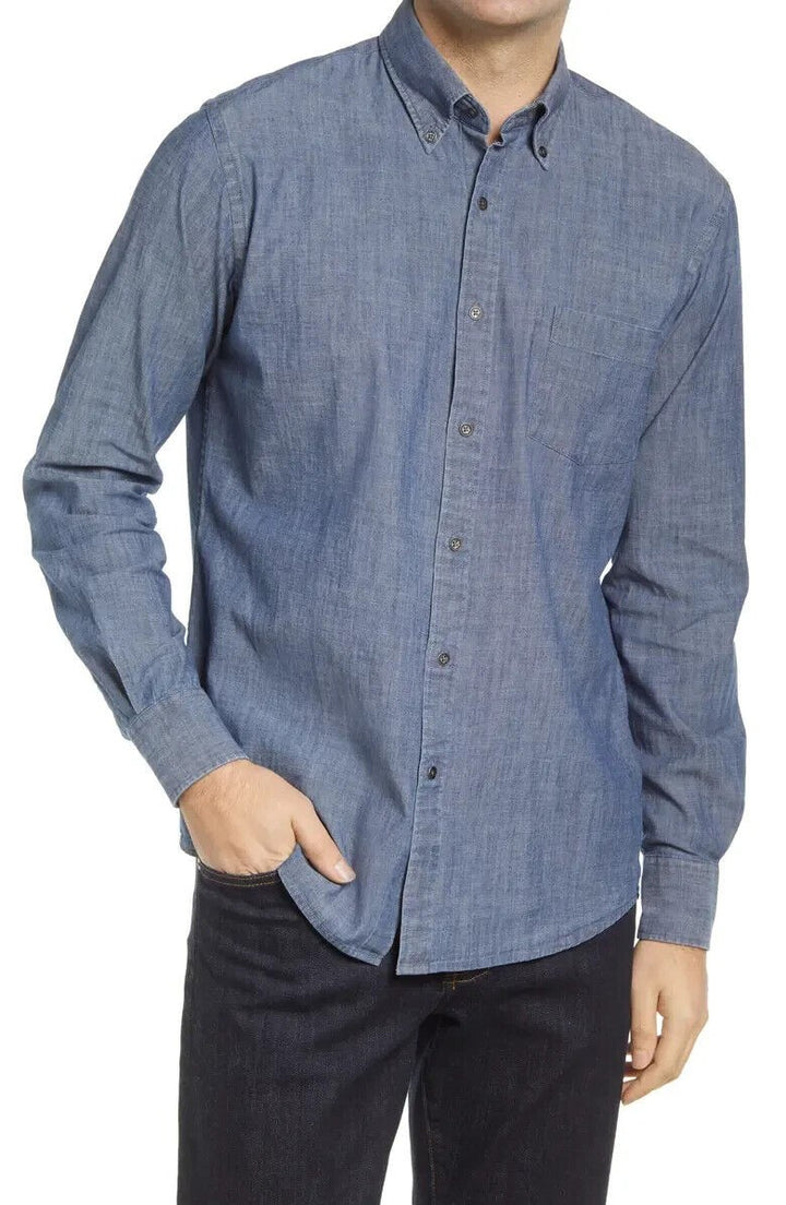 Translation missing: en.Peter Millar Men's Tamworth Chambray Sport Shirt in Indigo Blue-Size Small