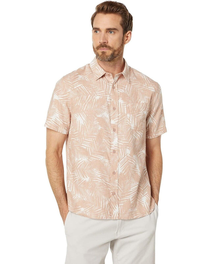 Translation missing: en.Vince Men's Linen Blend Palm Print Short Sleeve Shirt in Dk Rosewater - Size XL