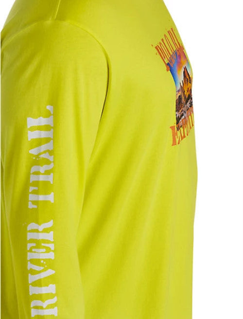 Translation missing: en.Close-up of a bright neon yellow long-sleeve shirt showing the left sleeve with vertical white 'RIVER TRAIL' text and a multicolor graphic print on the upper back