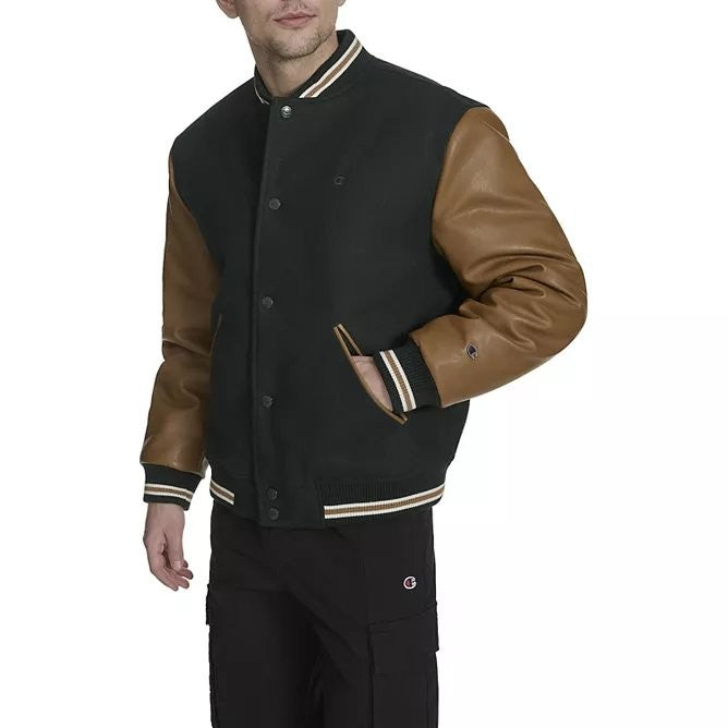Translation missing: en.Champion Men's Mixed Media Varsity Jacket - Rainforest/Tobacco -Size Medium
