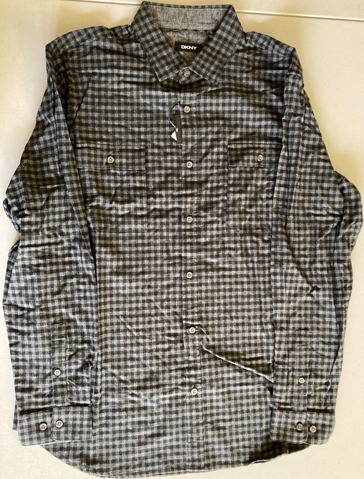 Translation missing: en.DKNY Men's Fulton Gingham Long-Sleeve Cotton Flannel Shirt Charcoal Heather-XL