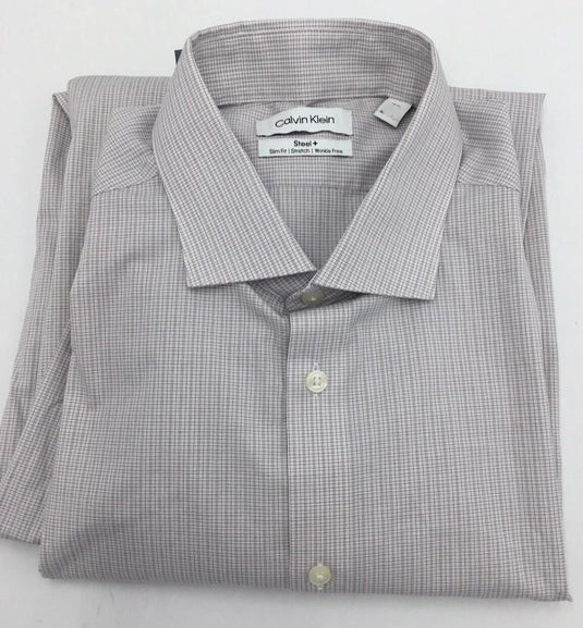 Translation missing: en.Calvin Klein Mens Dress Shirt Steel Stretch Slim Fit Check Pink Multi-15.5 34/35
