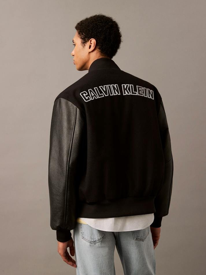 Translation missing: en.Calvin Klein Men's Varsity Monogram Wool Blend Bomber Jacket Black-Medium