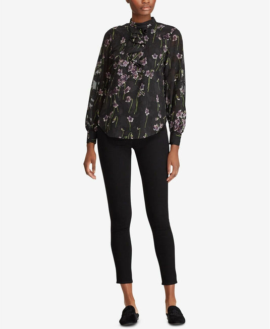 Translation missing: en.Lauren Ralph Lauren Ruffled Black Floral-Print Top Size 2 $135