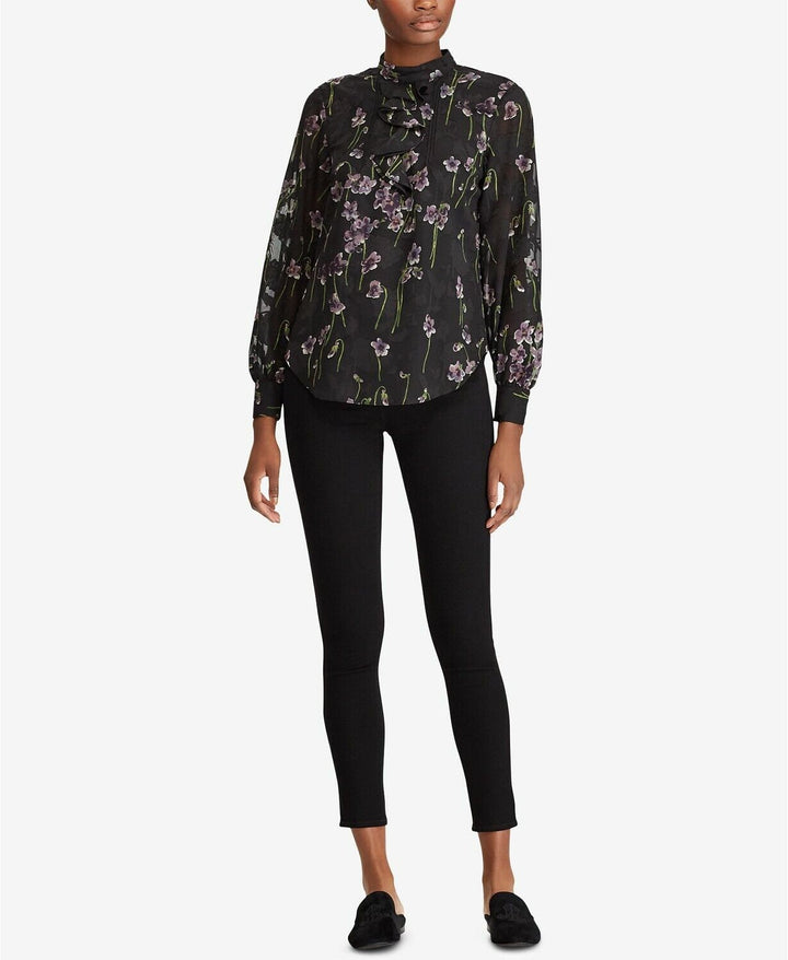 Translation missing: en.Lauren Ralph Lauren Ruffled Black Floral-Print Top Size 2 $135