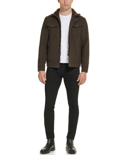 Translation missing: en.Kenneth Cole Mens Textured Wool Blend Sherpa Inner Collar Jacket Medium Brown-XL