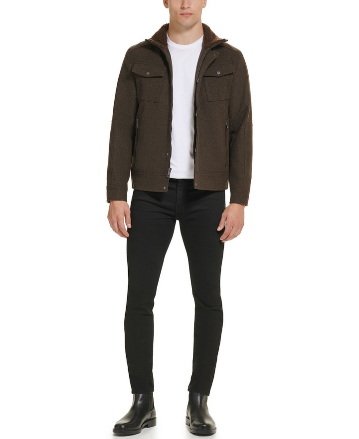 Translation missing: en.Kenneth Cole Mens Textured Wool Blend Sherpa Inner Collar Jacket Medium Brown-XL