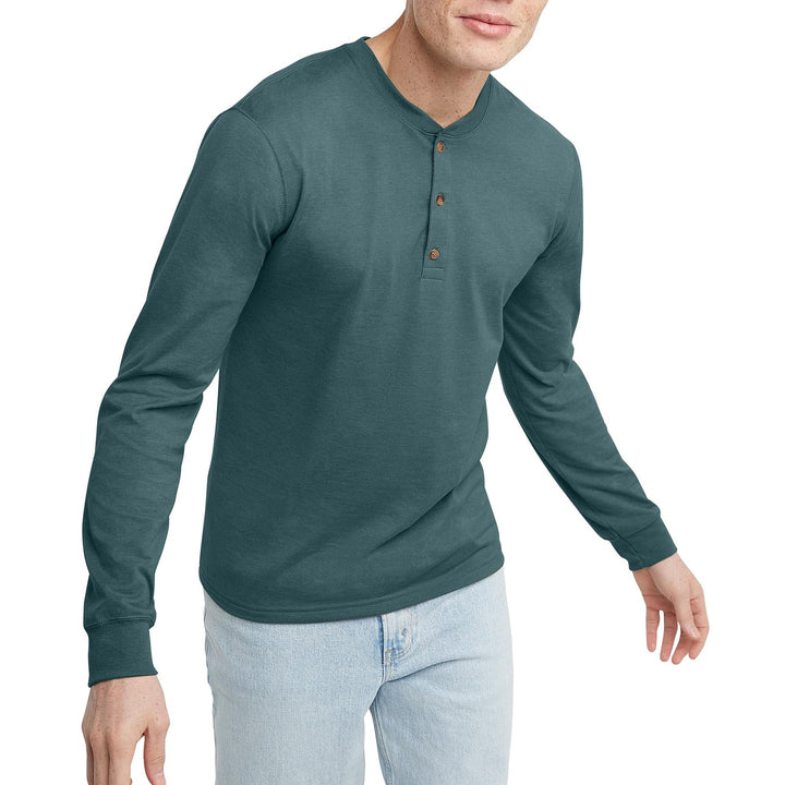 Translation missing: en.Hanes Originals Men's Cotton Long Sleeve Henley T-shirt Cactus Green-Small