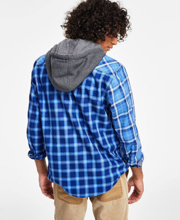 Translation missing: en.Sun + Stone Men's Snyder Regular-Fit Patchwork Plaid Hooded Shirt Blue Combo-Lrg