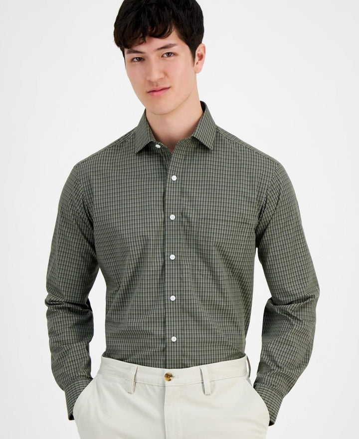 Translation missing: en.Club Room Men's Nano Check Performance Dress Shirt Olive/khaki-17.5 32/33