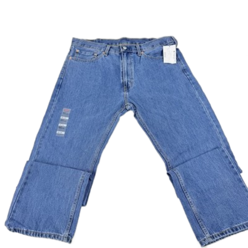 Translation missing: en.Light blue denim jeans with a unique wide-leg, cropped design featuring folded-up lower legs and a small distressed patch on the left thigh, shown flat on a white background