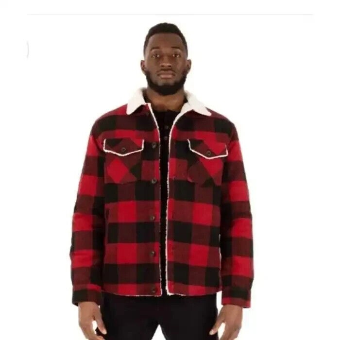 Translation missing: en.Hedge Men's Sherpa Lined Plaid 25V9 Woven Jacket Red Plaid- Size Medium