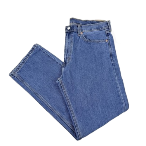 Translation missing: en.A pair of folded blue denim jeans on a plain white background
