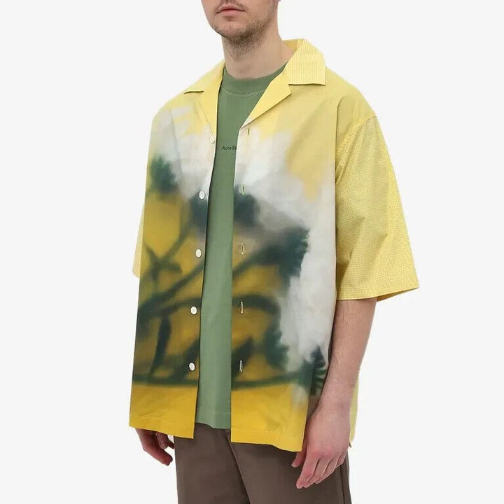 Translation missing: en.Kenzo Men's Cotton Floral Print Regular Fit Button Down Camp Shirt Lemon-Small