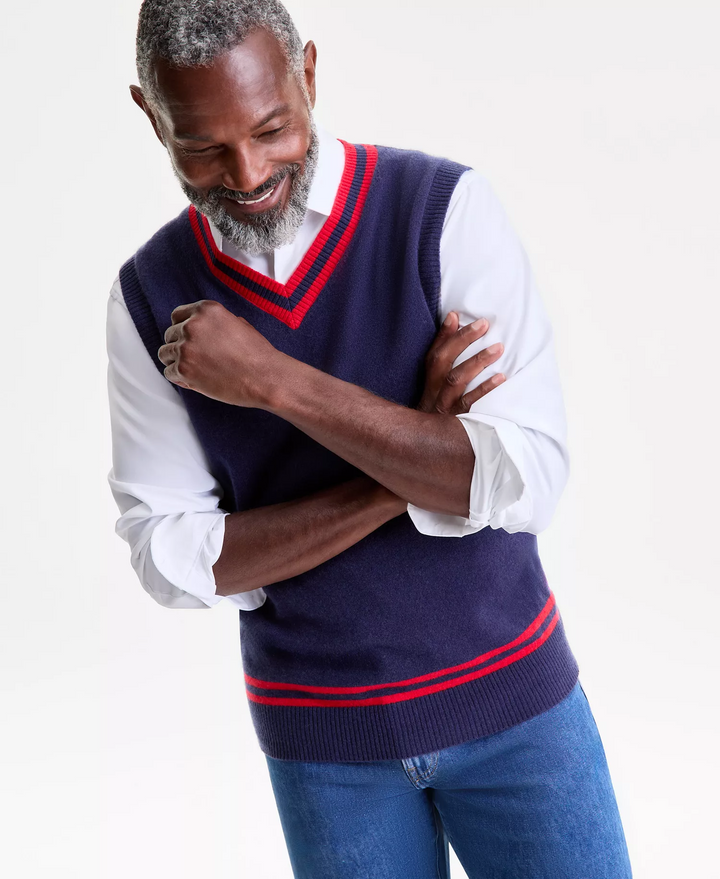 Translation missing: en.Club Room Luxury Men's Reg-Fit 100% Cashmere V-Neck Sweater Vest Navy Red-XL